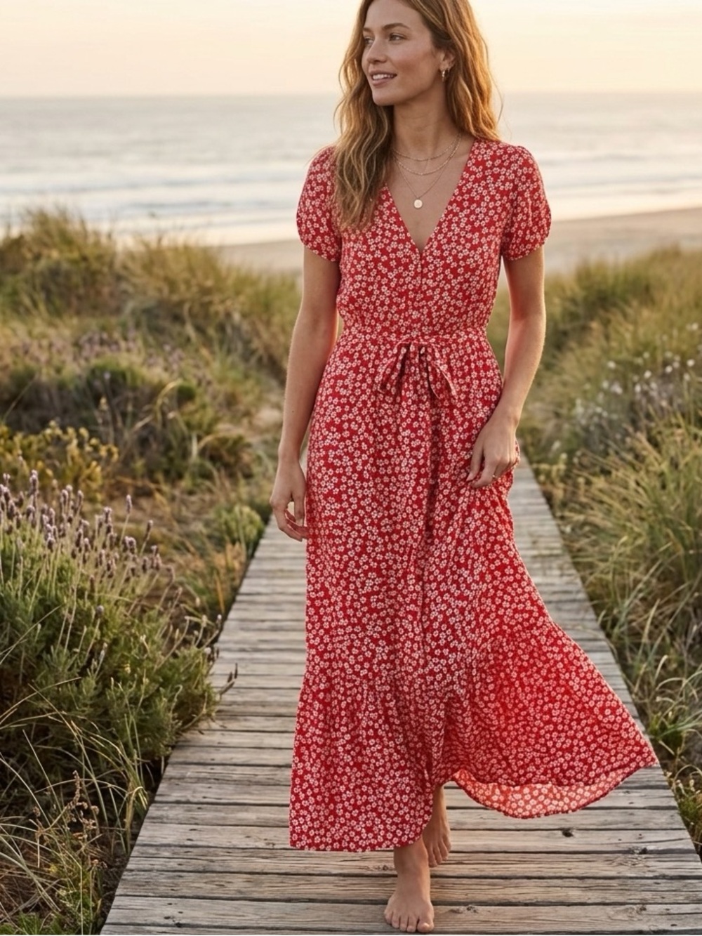 Abercrombie & Fitch Red Floral Maxi Dress with Tie Waist